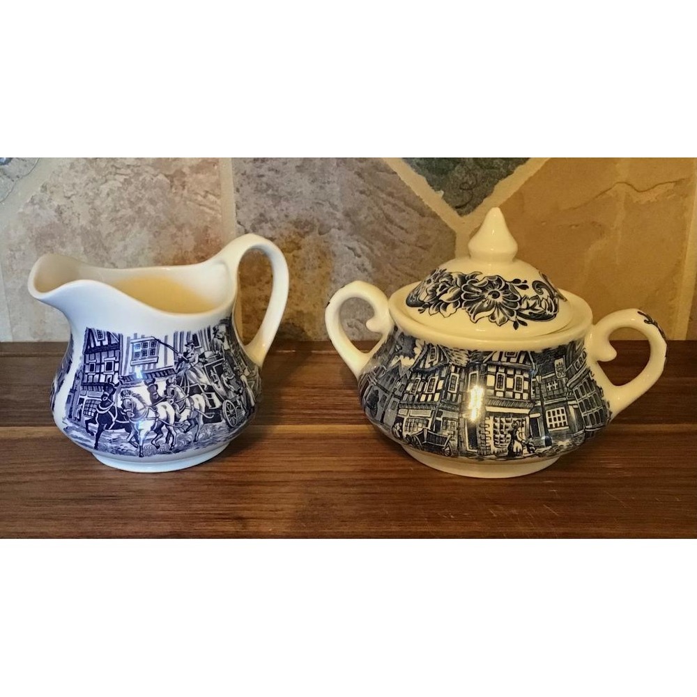 English Ironstone Countryside Blue White‎ Creamer & Sugar Bowl Set Cottagecore